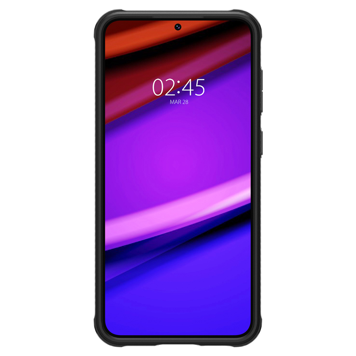Smartphone avec cadre noir affichant l'heure et la date à l'écran.