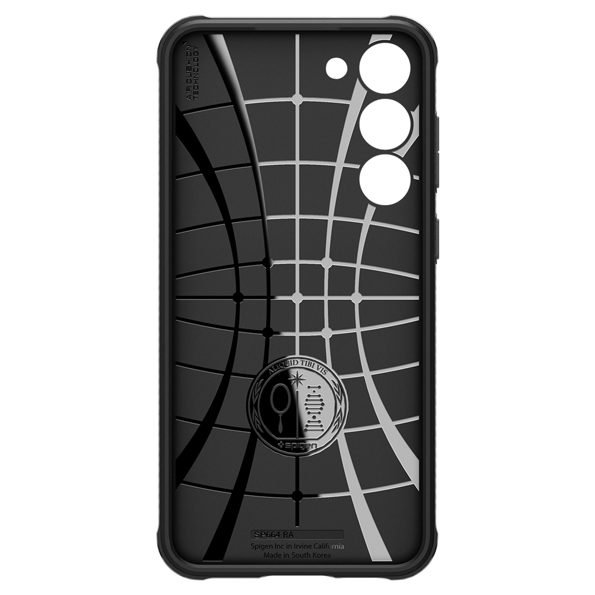 Coque de téléphone noire avec un motif quadrillé et le logo Spigen. Elle comporte trois découpes pour l'appareil photo.