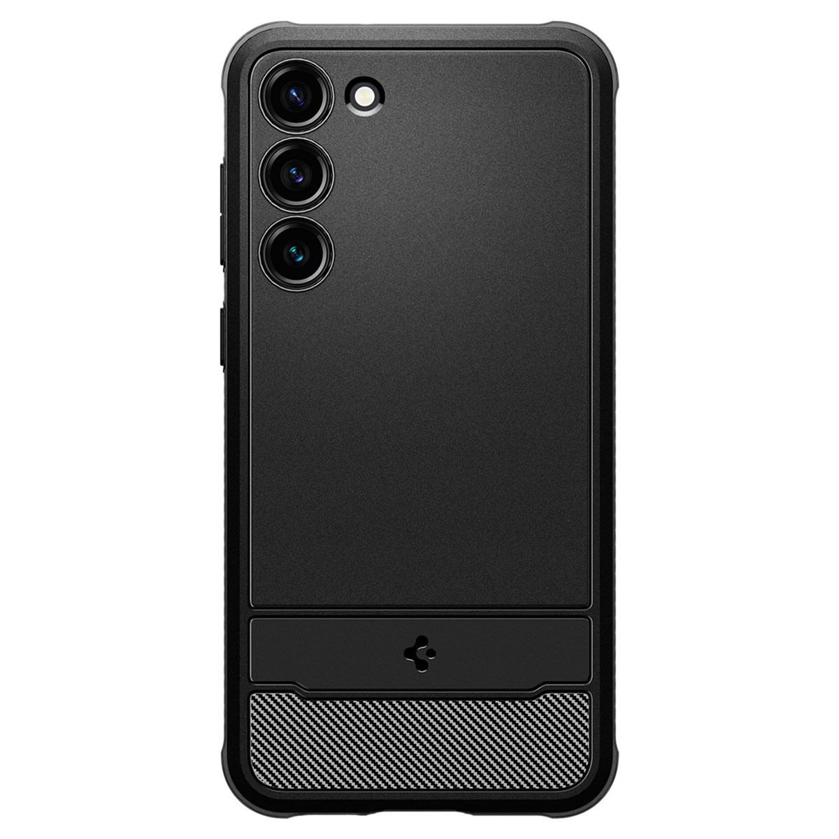 Coque de téléphone noire avec une bosse pour l'appareil photo à l'arrière. L'étui a un motif en fibre de carbone.
