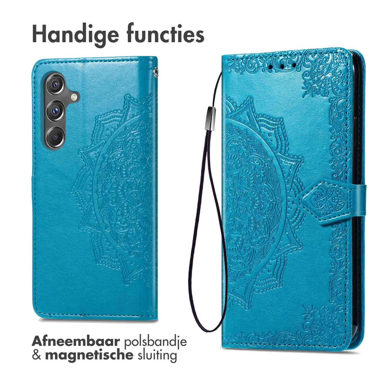 Turquoise telefoonhoes met bloemenpatroon, open. Met polsbandje.
