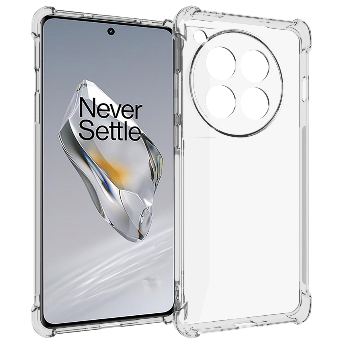 Un étui de téléphone transparent avec un téléphone à l'intérieur. L'étui a une bordure noire.