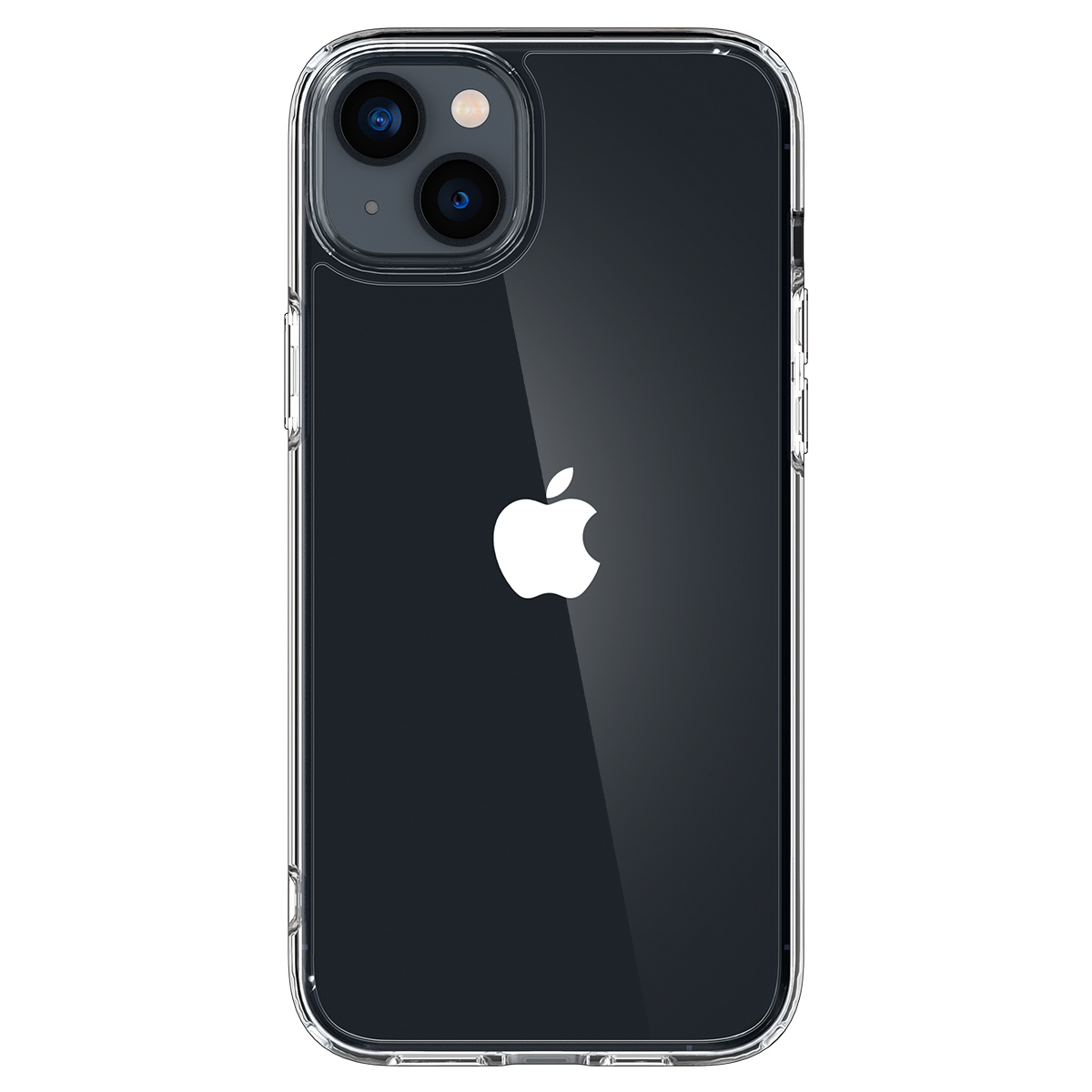 Czarny telefon z logo Apple i przezroczystym etui. Etui jest przezroczyste.
