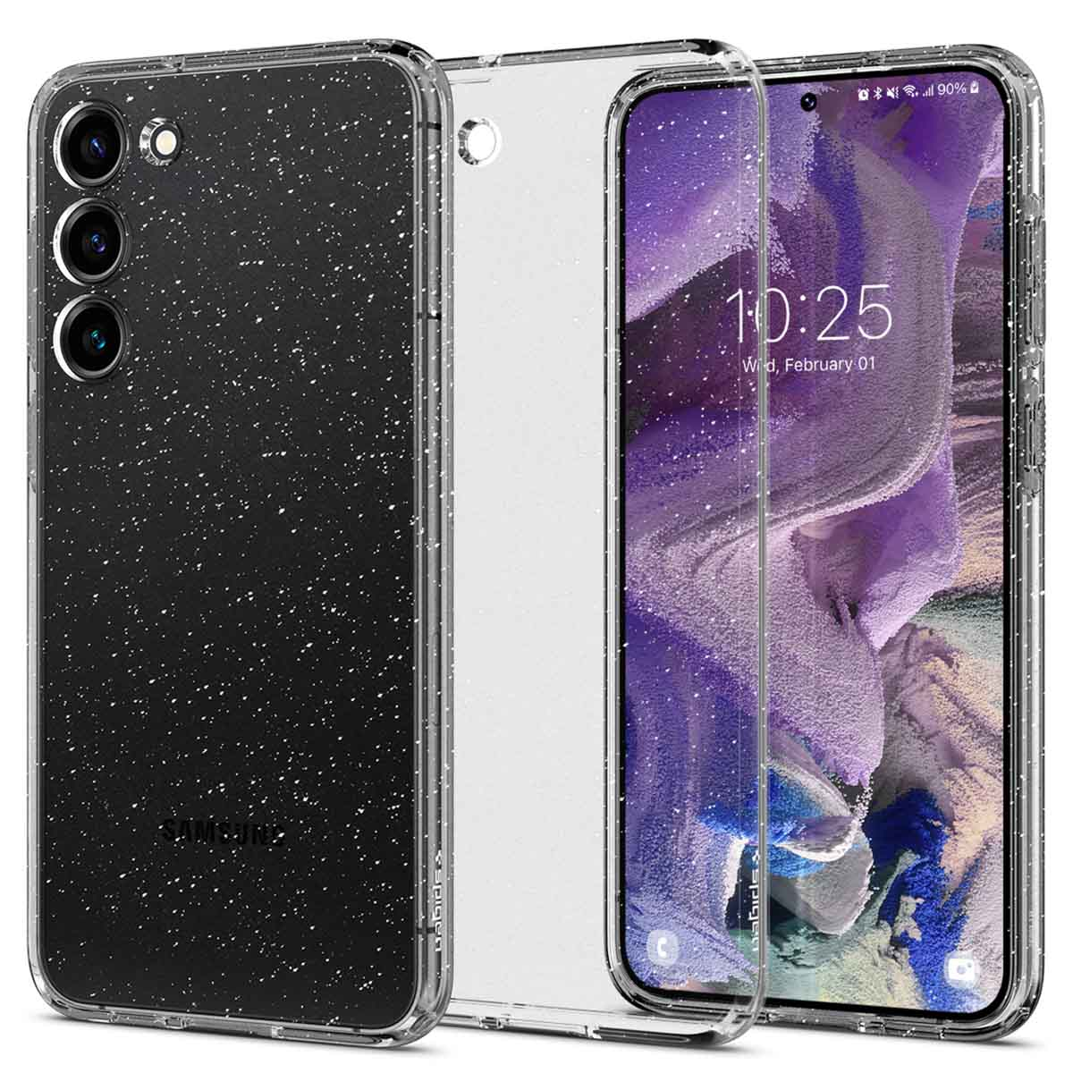 Une coque de téléphone avec un motif moucheté blanc avec un téléphone à l'intérieur.