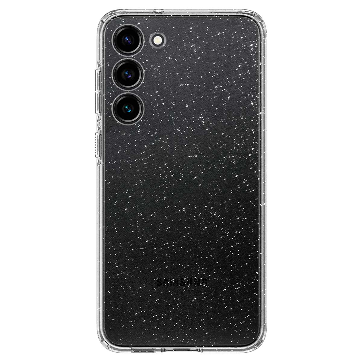 Coque de téléphone noire avec un motif moucheté au dos. Fond blanc.