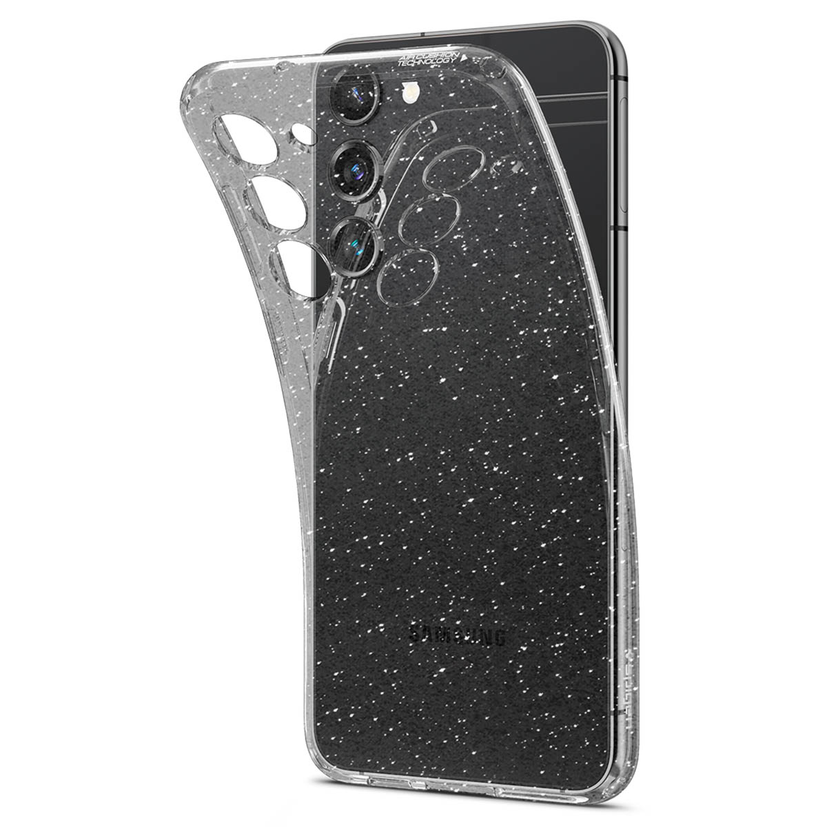 Coque transparente sur téléphone noir, effet pailleté.
