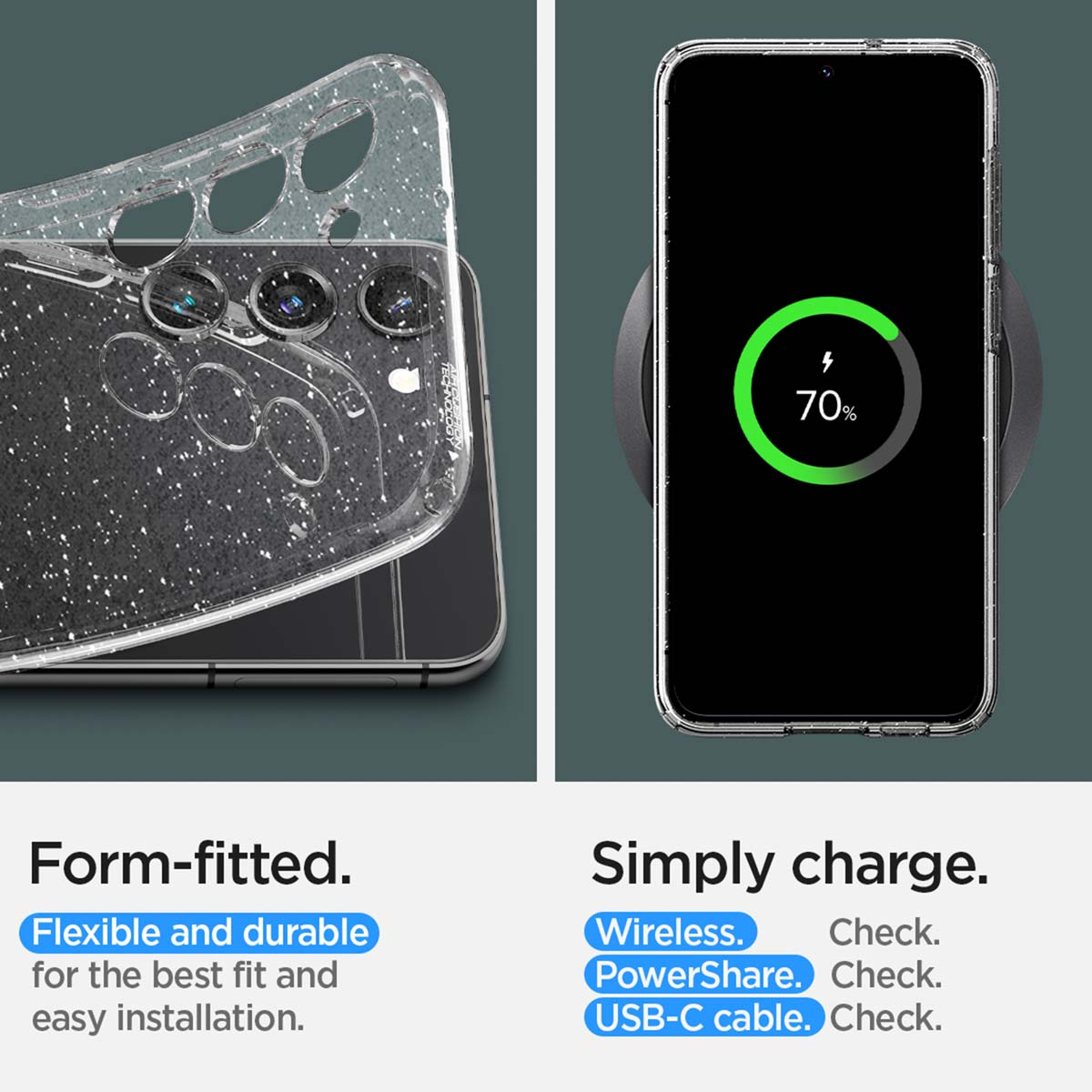 Coque de téléphone avec dos transparent. Téléphone à droite, chargement sans fil.