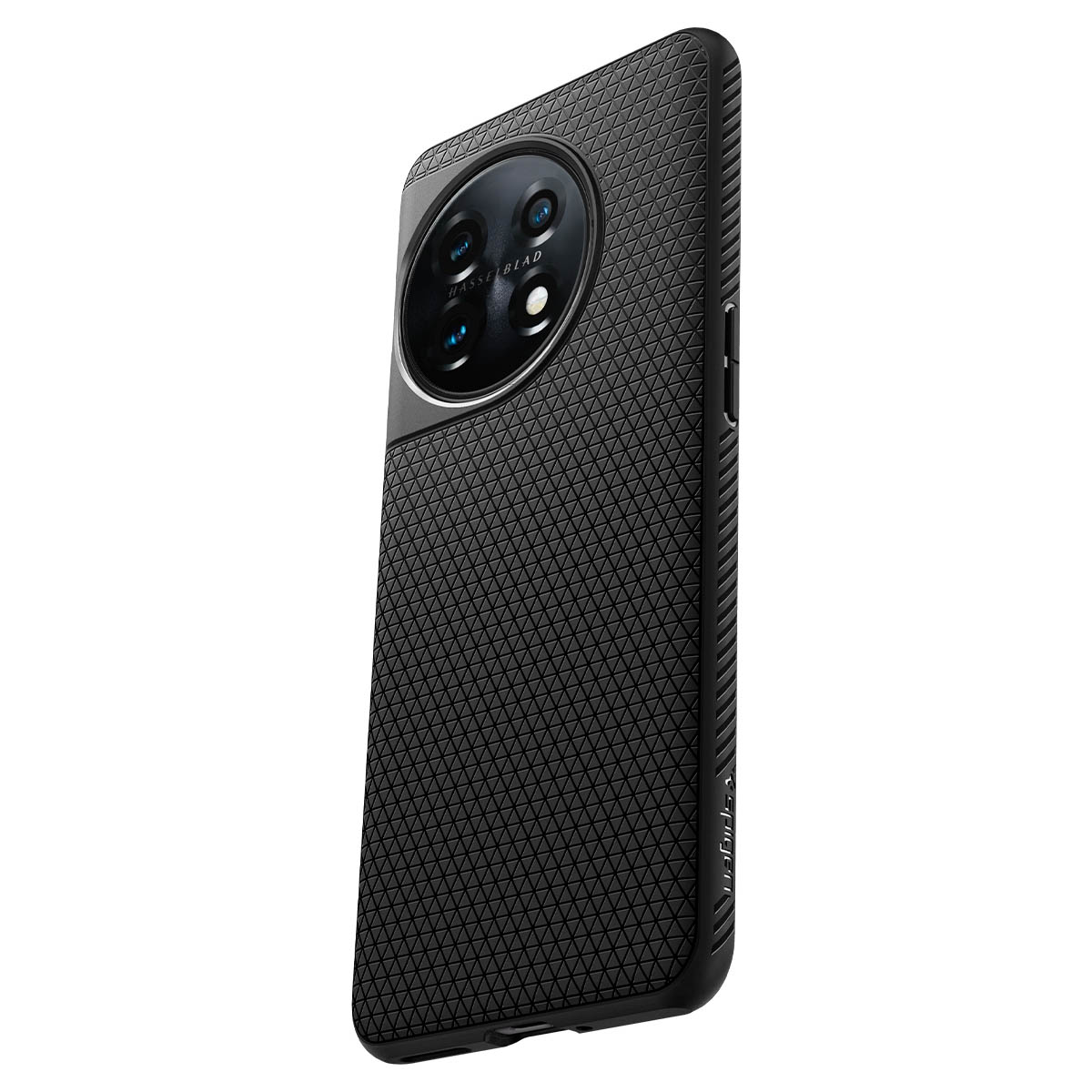 Custodia per telefono nera con retro strutturato. Il telefono ha un grande modulo fotocamera sul retro.