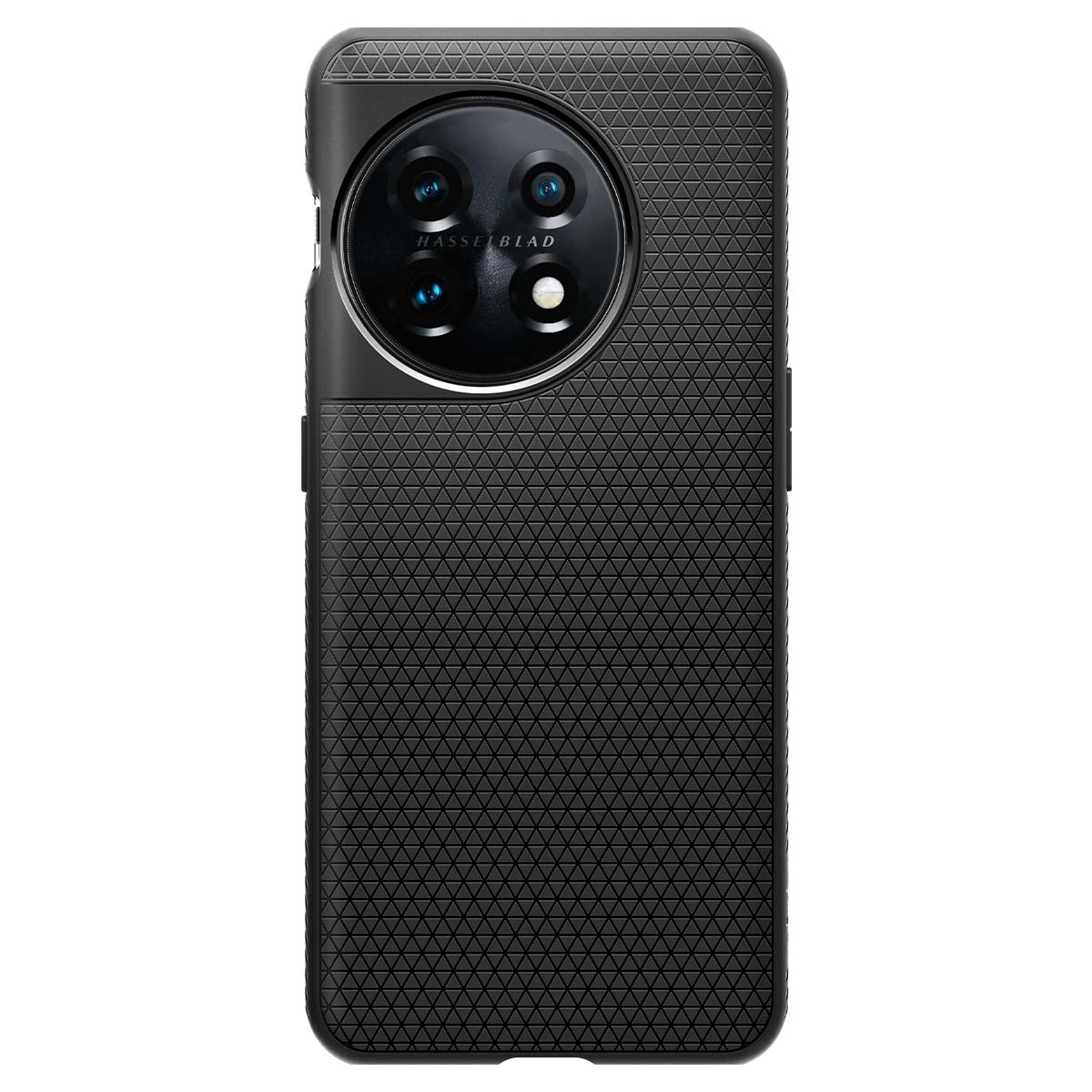 Una custodia nera per telefono con un telefono all'interno. Il telefono ha una fotocamera sul retro.