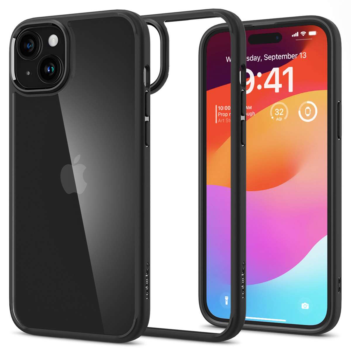 Zwart telefoonhoesje met een telefoon erin, met het scherm zichtbaar. Een witte rand omringt het scherm.