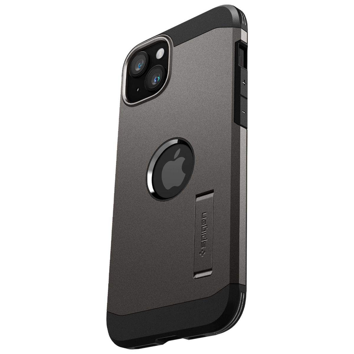 Dark grey iPhone case with black accents, Apple logo, and the word 'Spigen'.