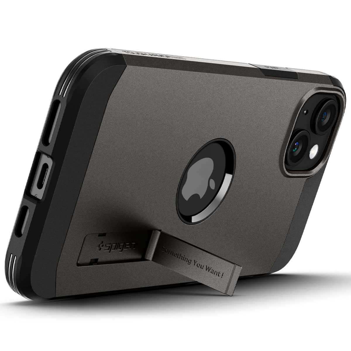 Black, gray phone case with stand. Apple logo visible. 'Something You Want!' printed on stand.