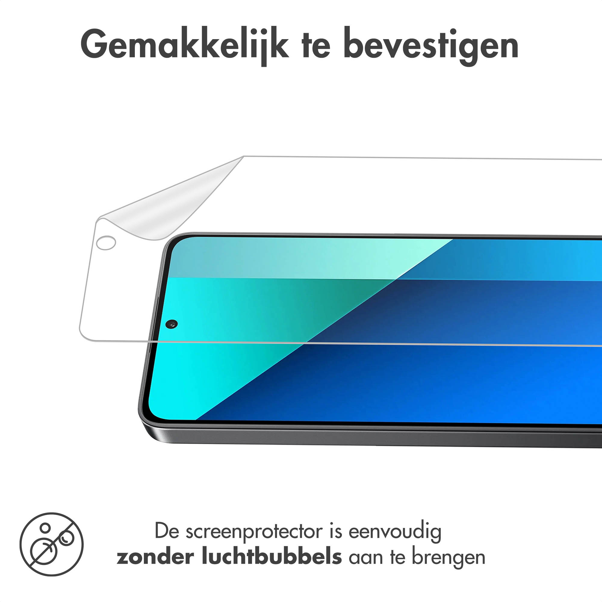 Een screenprotector wordt op een telefoonscherm geplaatst, met tekst.