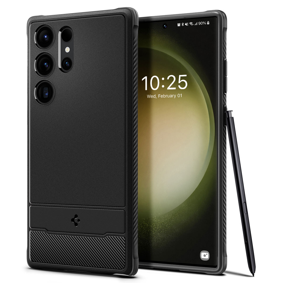 Téléphone noir dans un étui, à côté d'un autre téléphone avec un stylet.