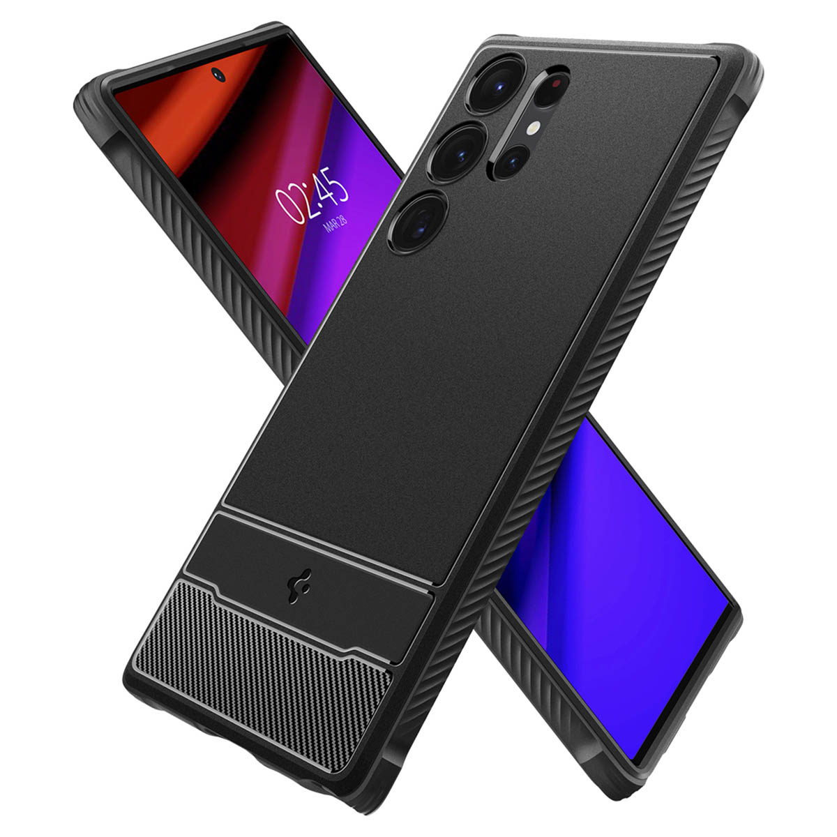 Deux étuis noirs pour téléphone, sur une surface blanche. Un sur un téléphone rouge, l'autre bleu.