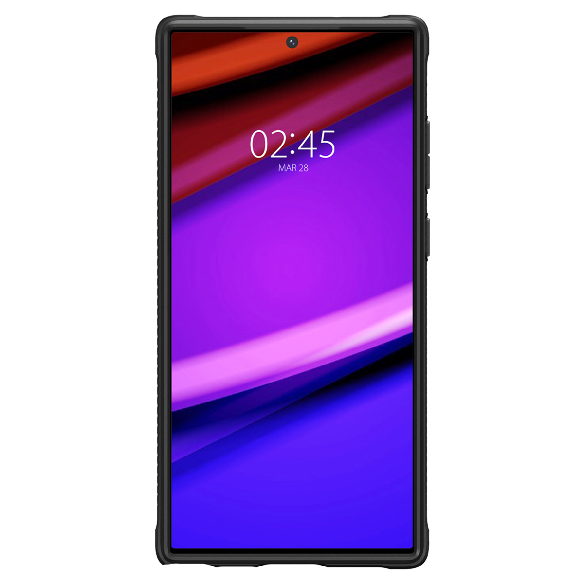 Un écran de téléphone affichant l'heure et la date dans un étui noir sur fond blanc.