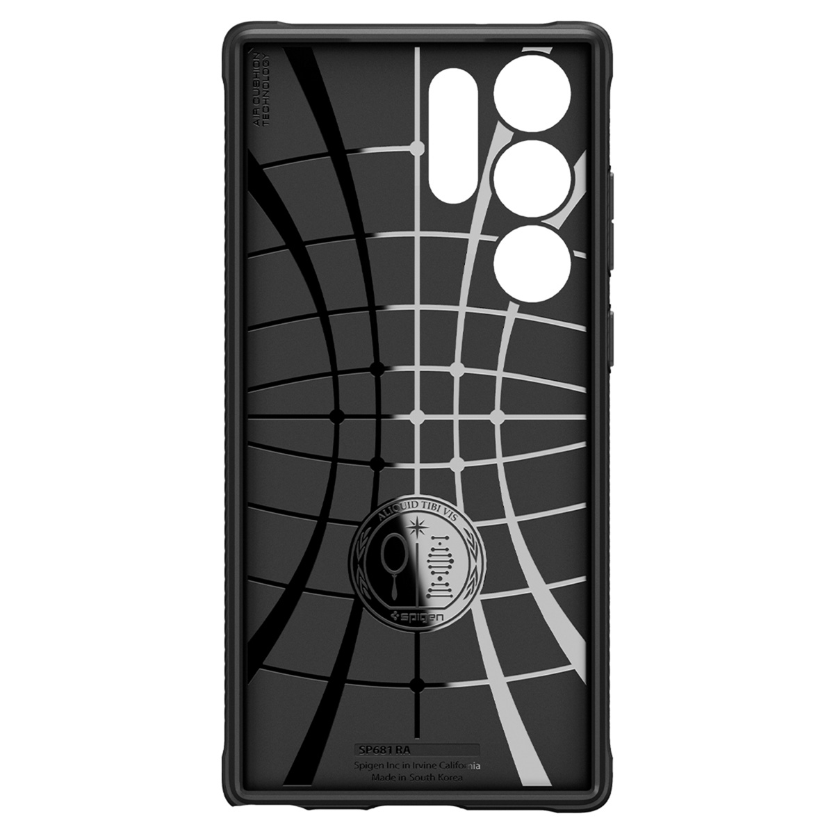 Intérieur de coque de téléphone noir avec un design quadrillé et le logo Spigen, vue arrière.