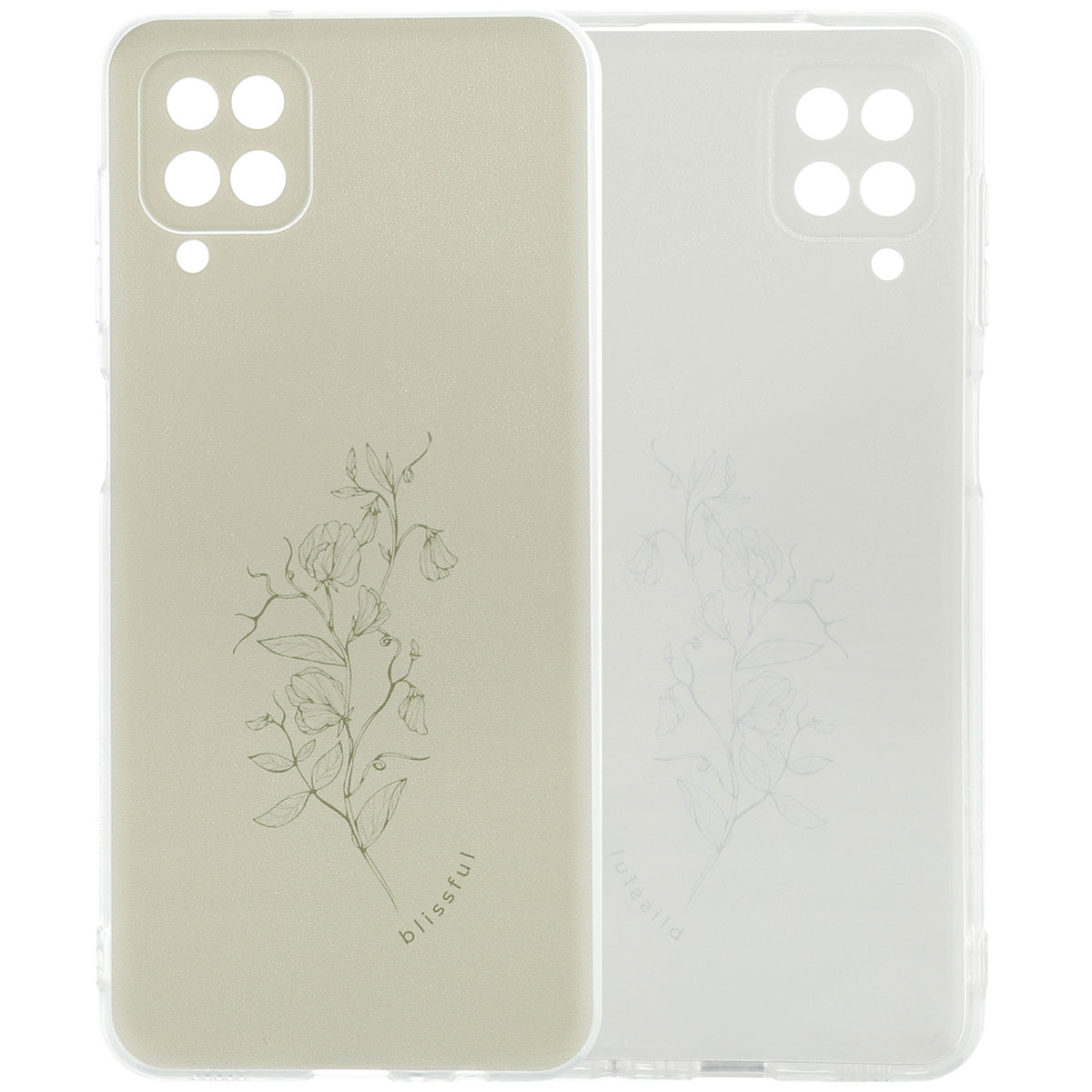 Twee telefoonhoesjes, één met een bloemenmotief en één transparant. Het bloemenhoesje staat op een beige achtergrond.
