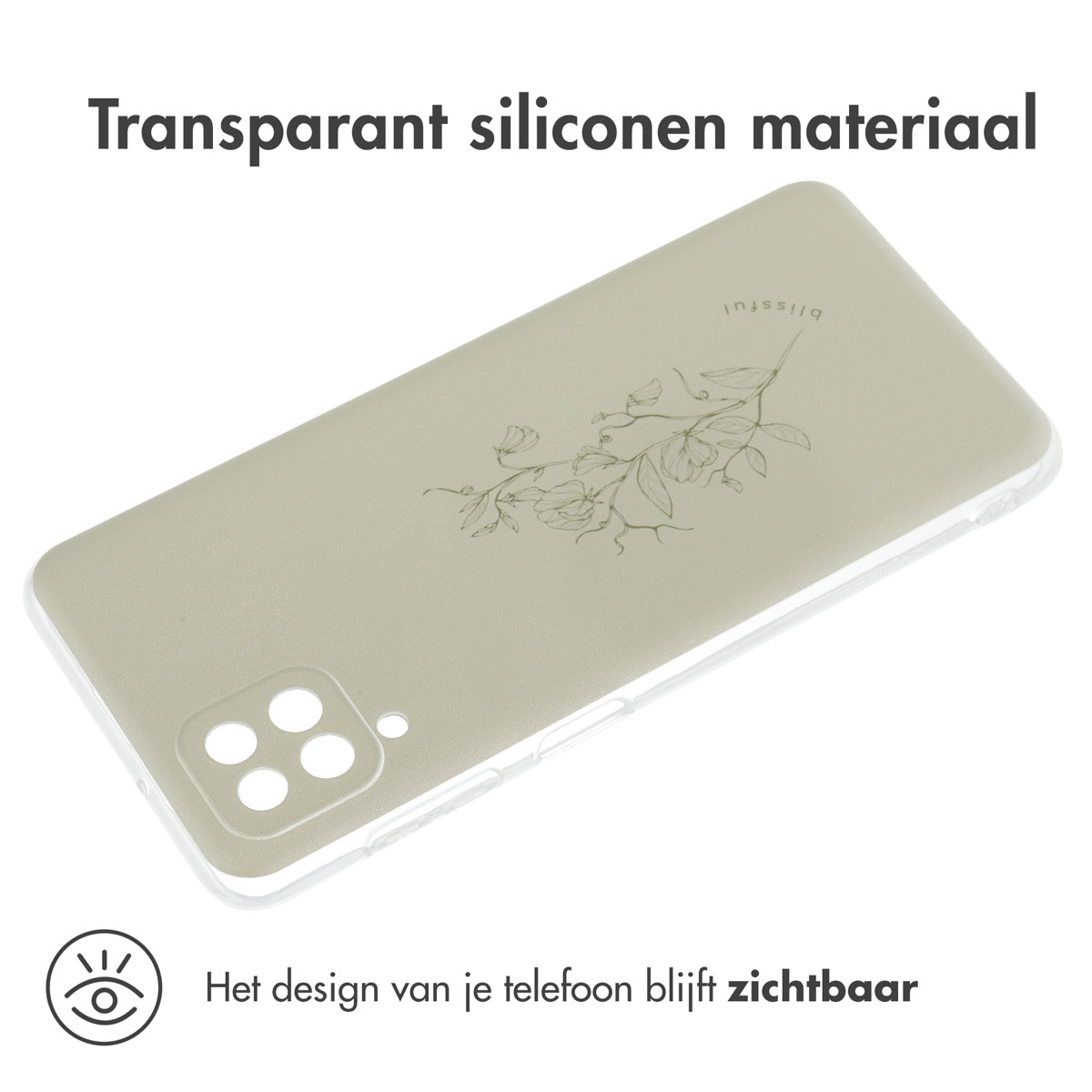 Transparante telefoonhoes met bloemmotief. De hoes ligt op een witte achtergrond.
