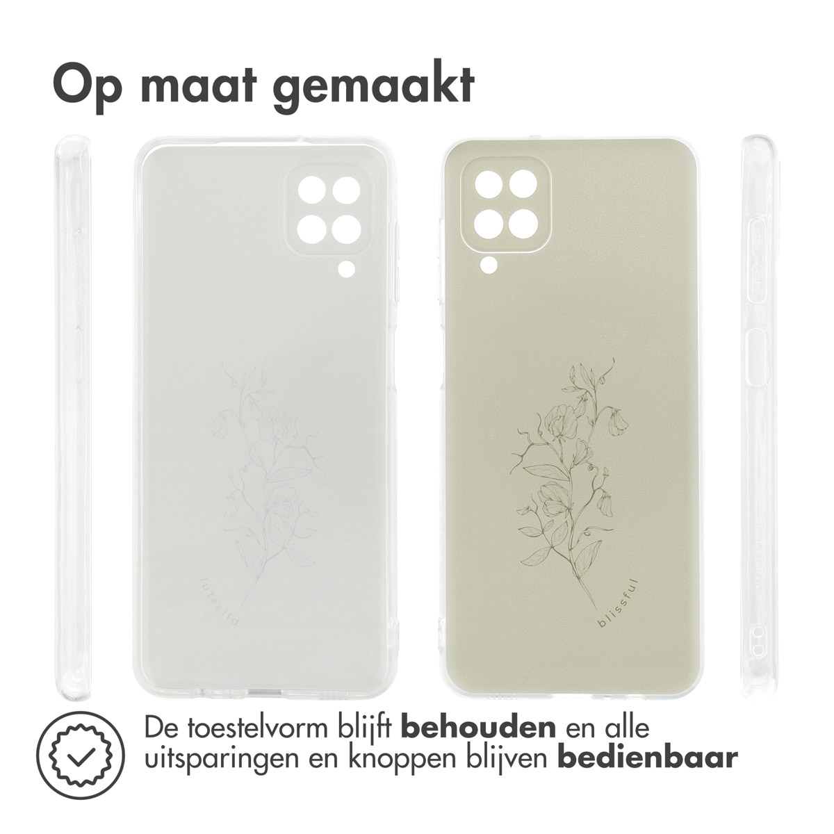 Telefoonhoes met een doorzichtige en groene achterkant, en een bloemendesign.