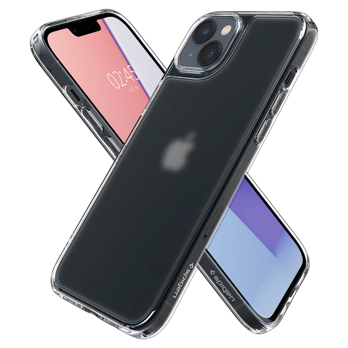 Dwa przezroczyste etui na iPhone, jedno z różowym ekranem, drugie z niebieskim.