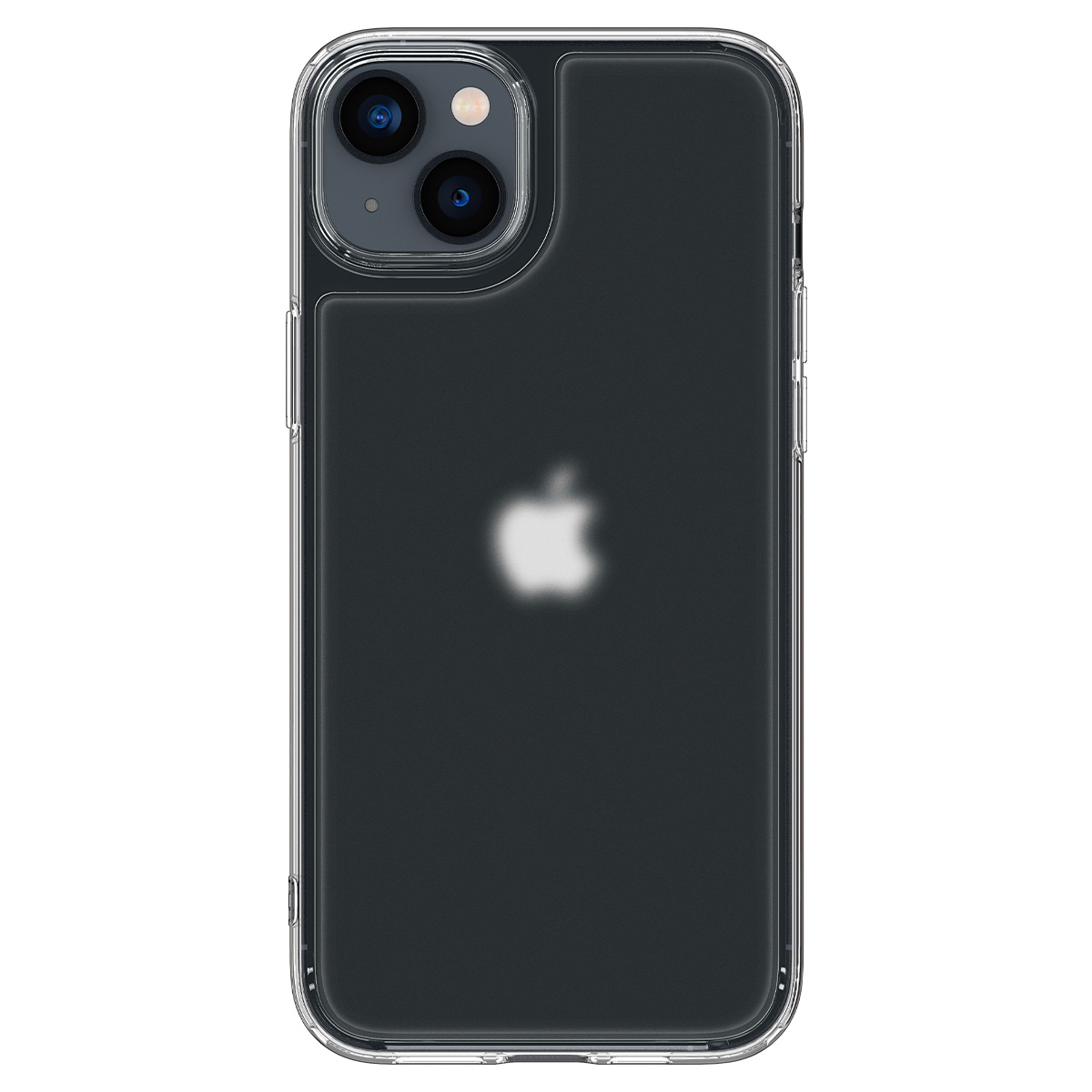 Przezroczyste etui na telefonie czarnym. Logo Apple jest lekko widoczne.
