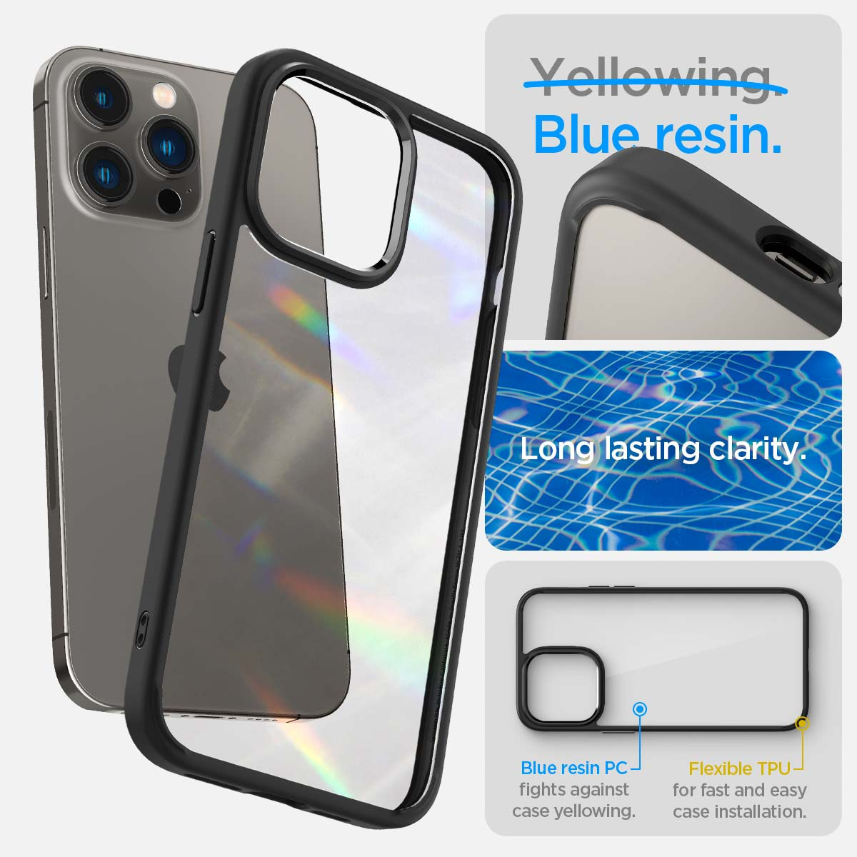 Custodia del telefono con telefono all'interno e primo piano della custodia che mostra ingiallimento e resina blu.