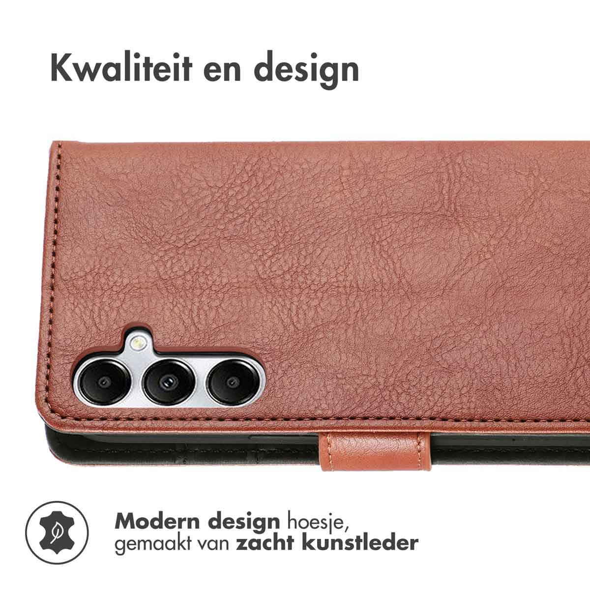 Coque de téléphone en cuir marron, avec un téléphone et une caméra visibles.