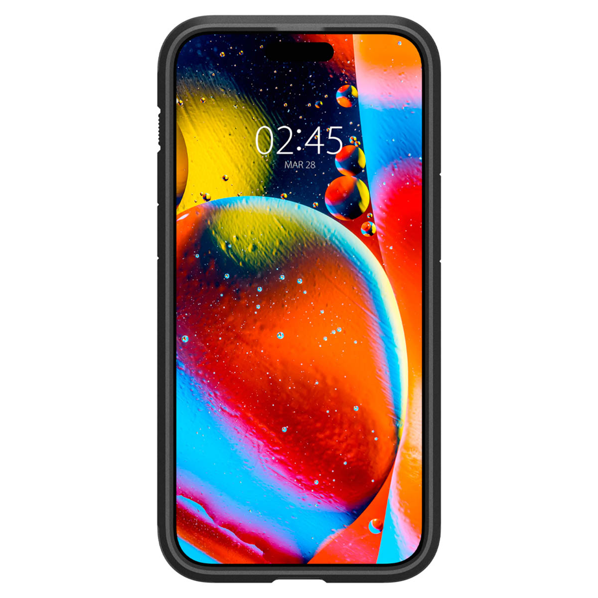 iPhone avec coque affichant de l'art abstrait coloré avec un affichage de l'heure.
