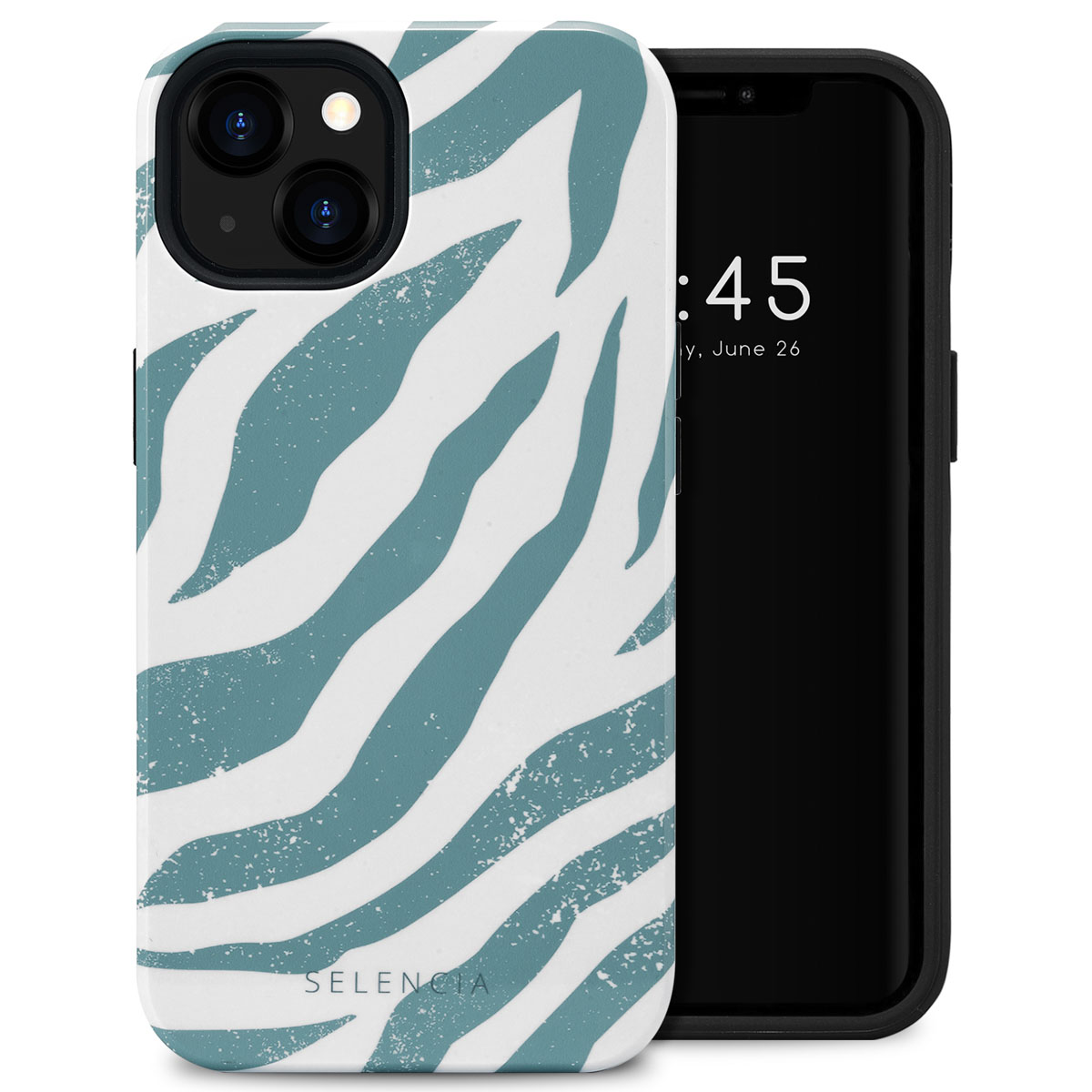 Telefoonhoesje met blauw zebrapatroon. Telefoon toont datum.