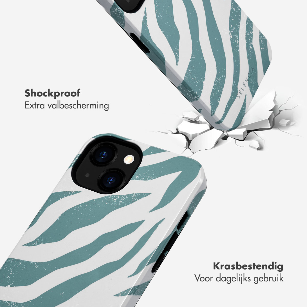 Telefoonhoes met zebrapatroon, die op een oppervlak valt, met een gebroken oppervlak.