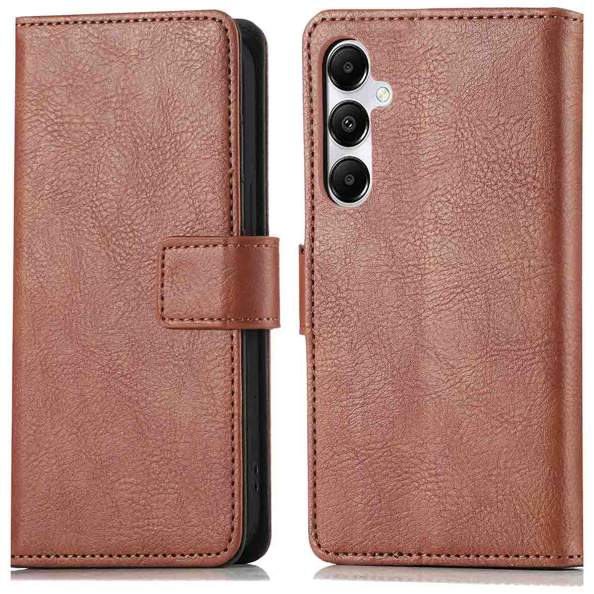 Un étui de téléphone marron, ouvert, révélant le téléphone avec trois caméras. L'étui a une fermeture magnétique.