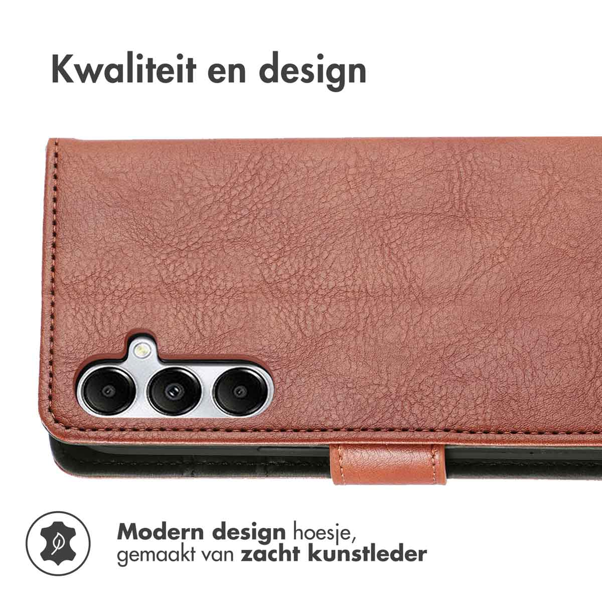 Une coque de téléphone marron avec un design portefeuille. La coque est en simili cuir et a un design moderne.