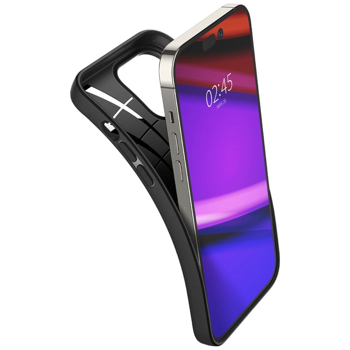 Custodia nera con un telefono dentro. Lo schermo del telefono mostra un design viola e blu.