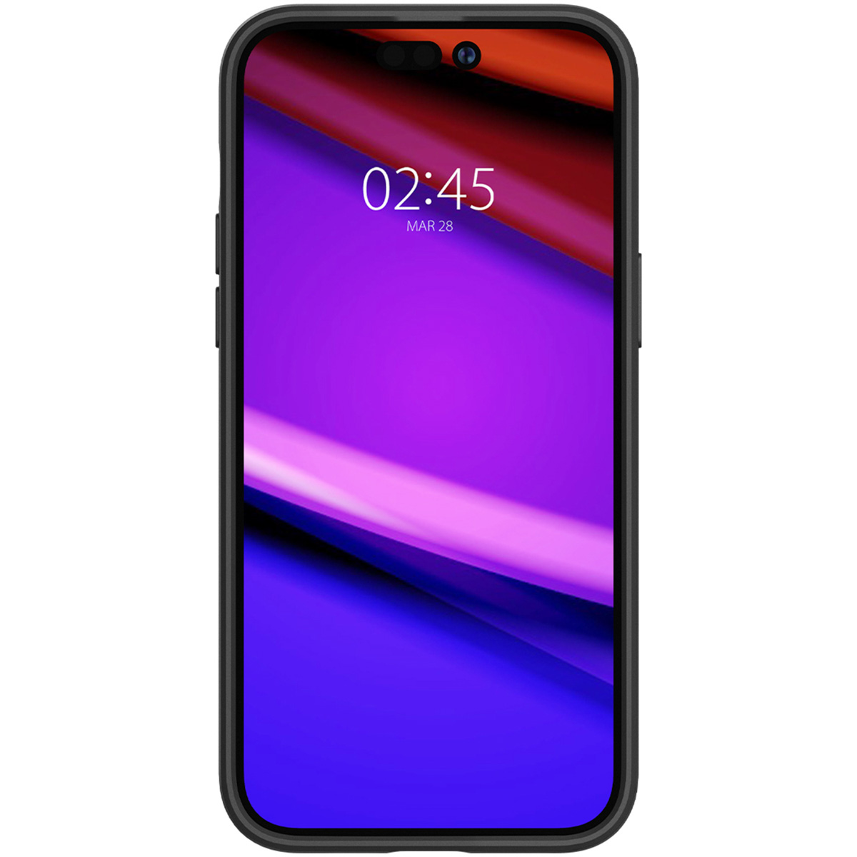 iPhone in una custodia nera, con uno schermo che mostra uno sfondo astratto viola e rosso.