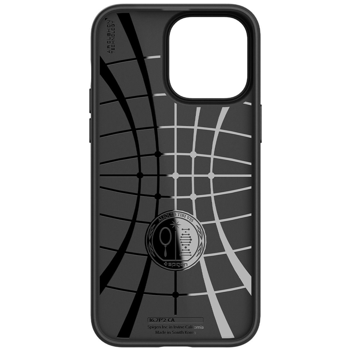 Custodia per telefono nera con motivo a griglia. Logo Spigen visibile. Design grigio scuro e bianco.