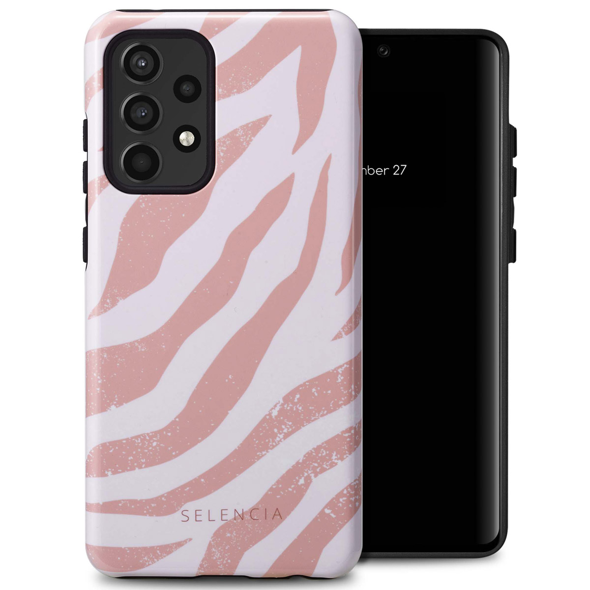 Telefoon in roze zebra-hoes, met de merknaam 'Selencia' onderaan.