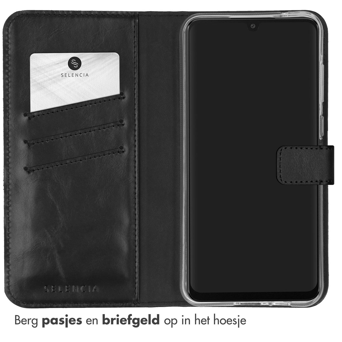 Un étui de téléphone en cuir noir avec des cartes et de l'argent à l'intérieur. Un téléphone est dans l'étui.