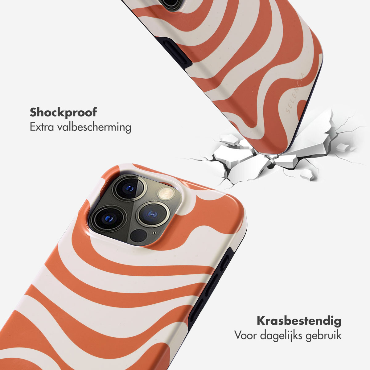 Twee telefoonhoesjes, een met een golfpatroon, een gebarsten. Tekst: Schokbestendig en krasbestendig.