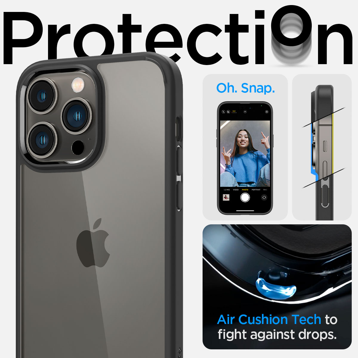 iPhone-Hülle mit durchsichtigem Rücken. Text 'Schutz'. Telefon in Hülle.