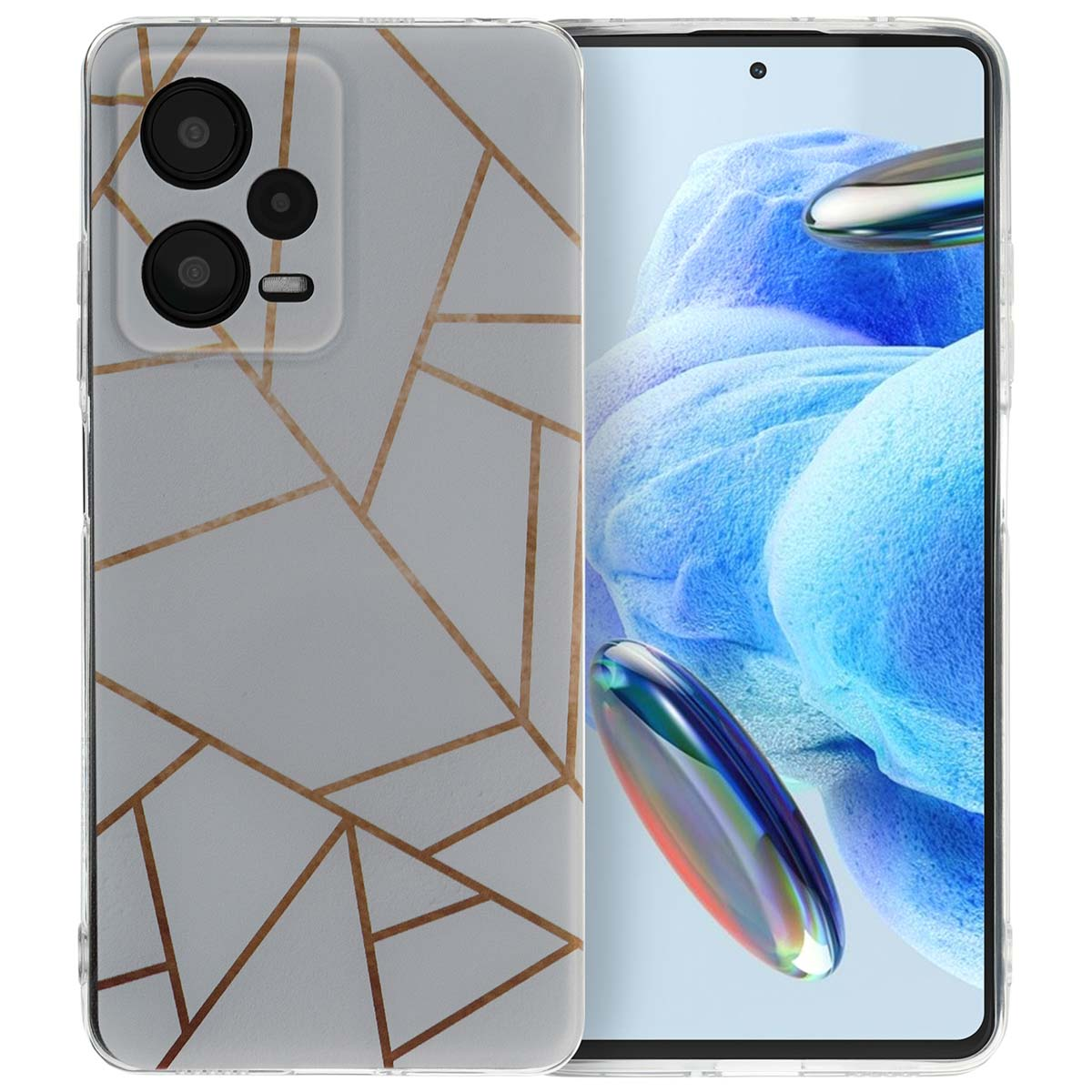 Telefoonhoes met een wit en goud geometrisch patroon. De achtergrond is licht van kleur.