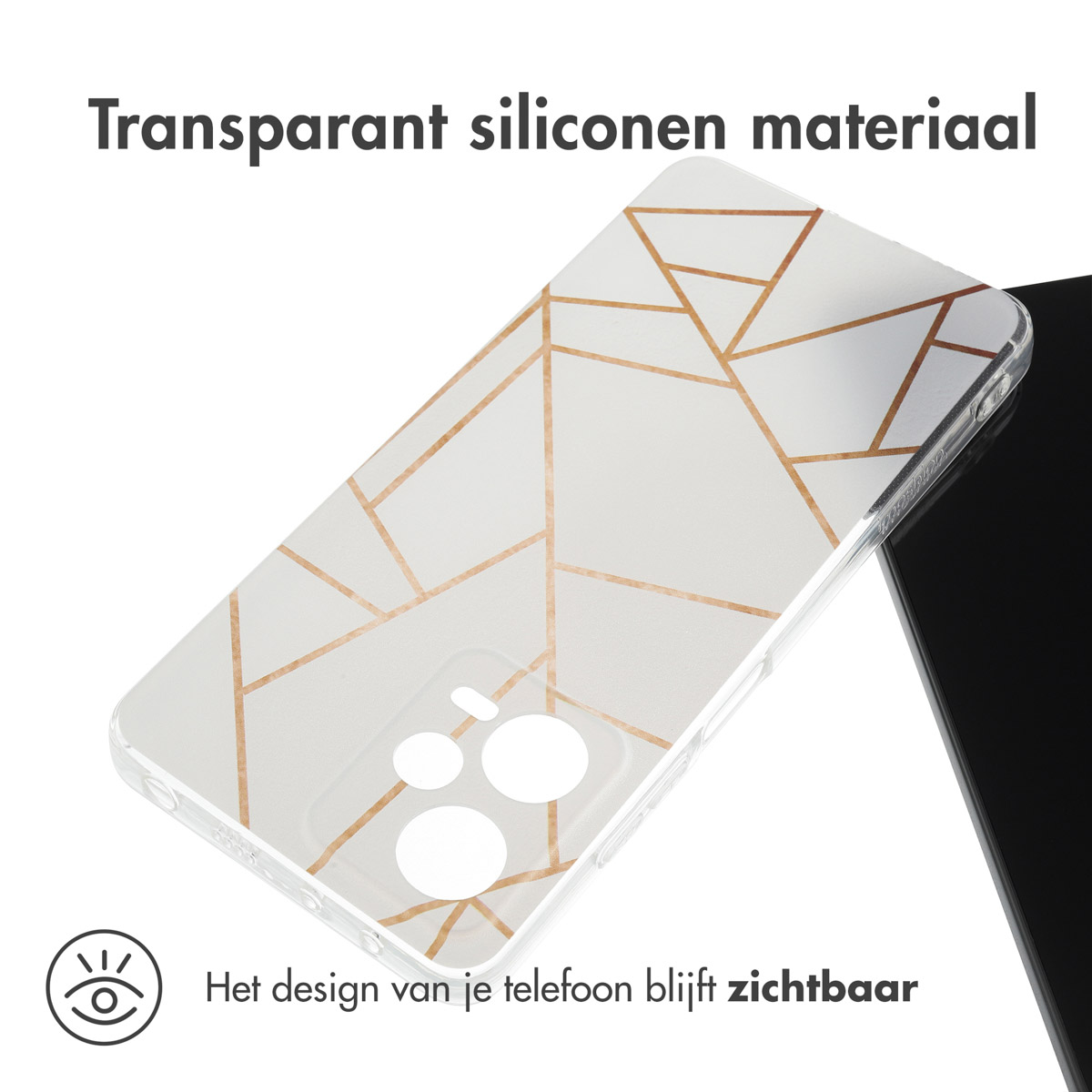 Transparante telefoonhoes met goudkleurig geometrisch ontwerp. Telefoon is zichtbaar.