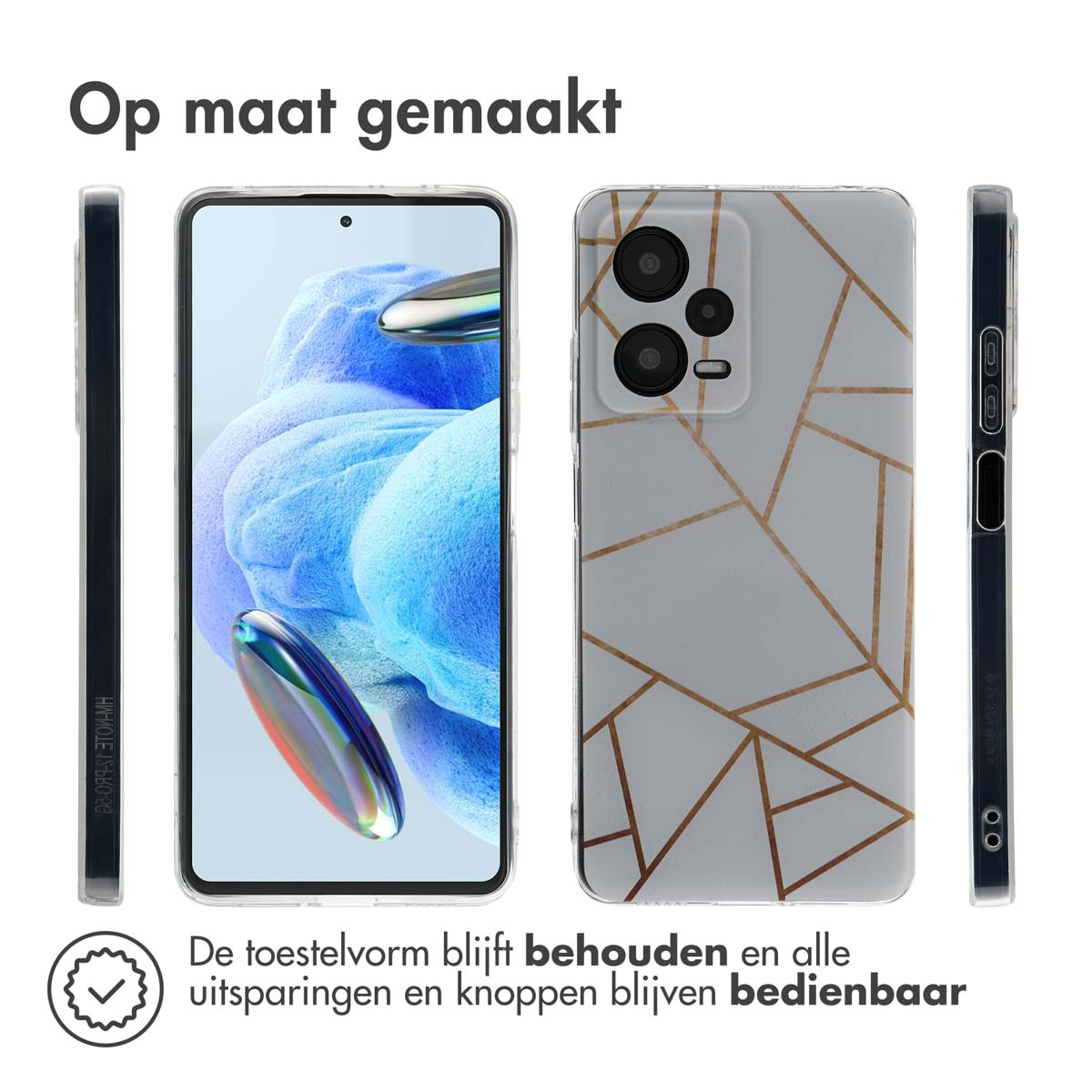 Telefoonhoesjes op witte achtergrond. Een hoesje is open, de andere heeft een telefoon. Tekst op afbeelding.