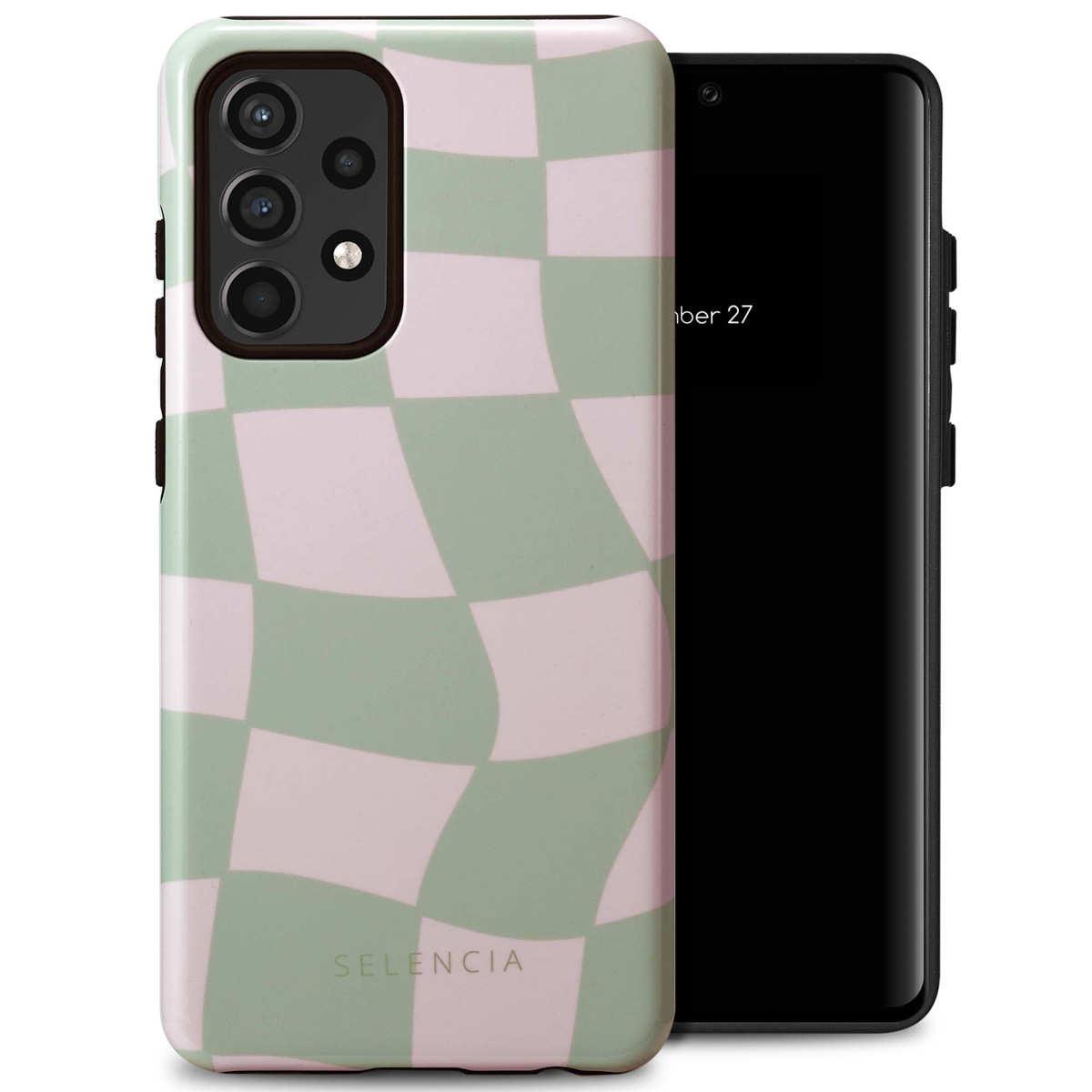 Telefoon in een hoesje met een roze en groen dambordpatroon. De tekst 'Selencia' staat op de hoes.
