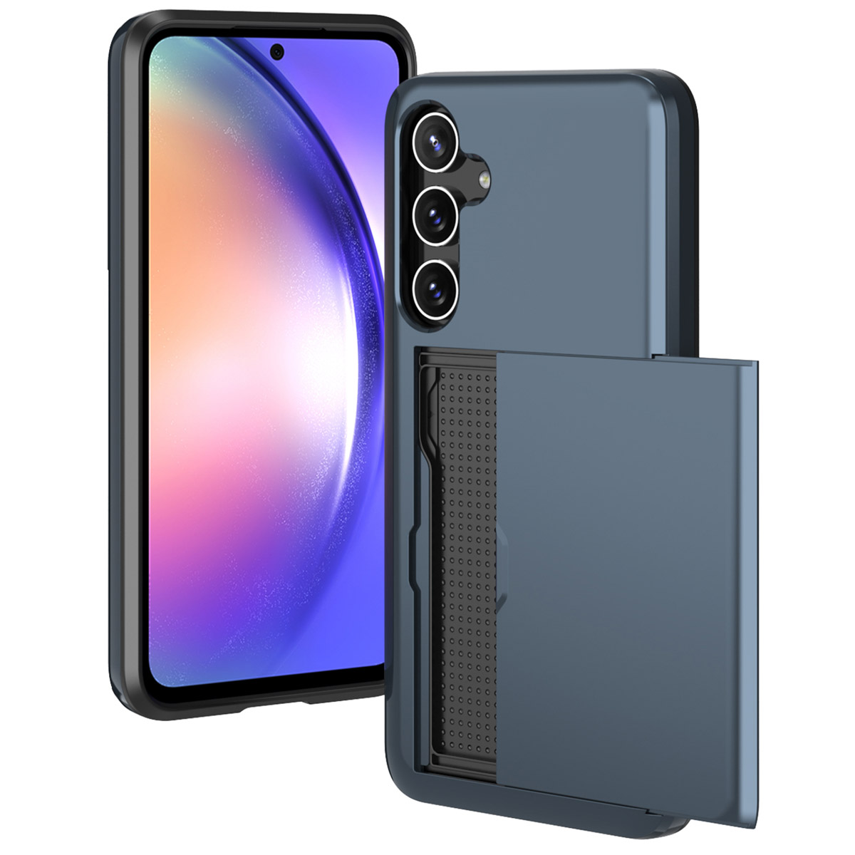 Blauwe telefoonhoes met een kaartsleuf, open. Telefoonhoes links, telefoon rechts. Camera zichtbaar.