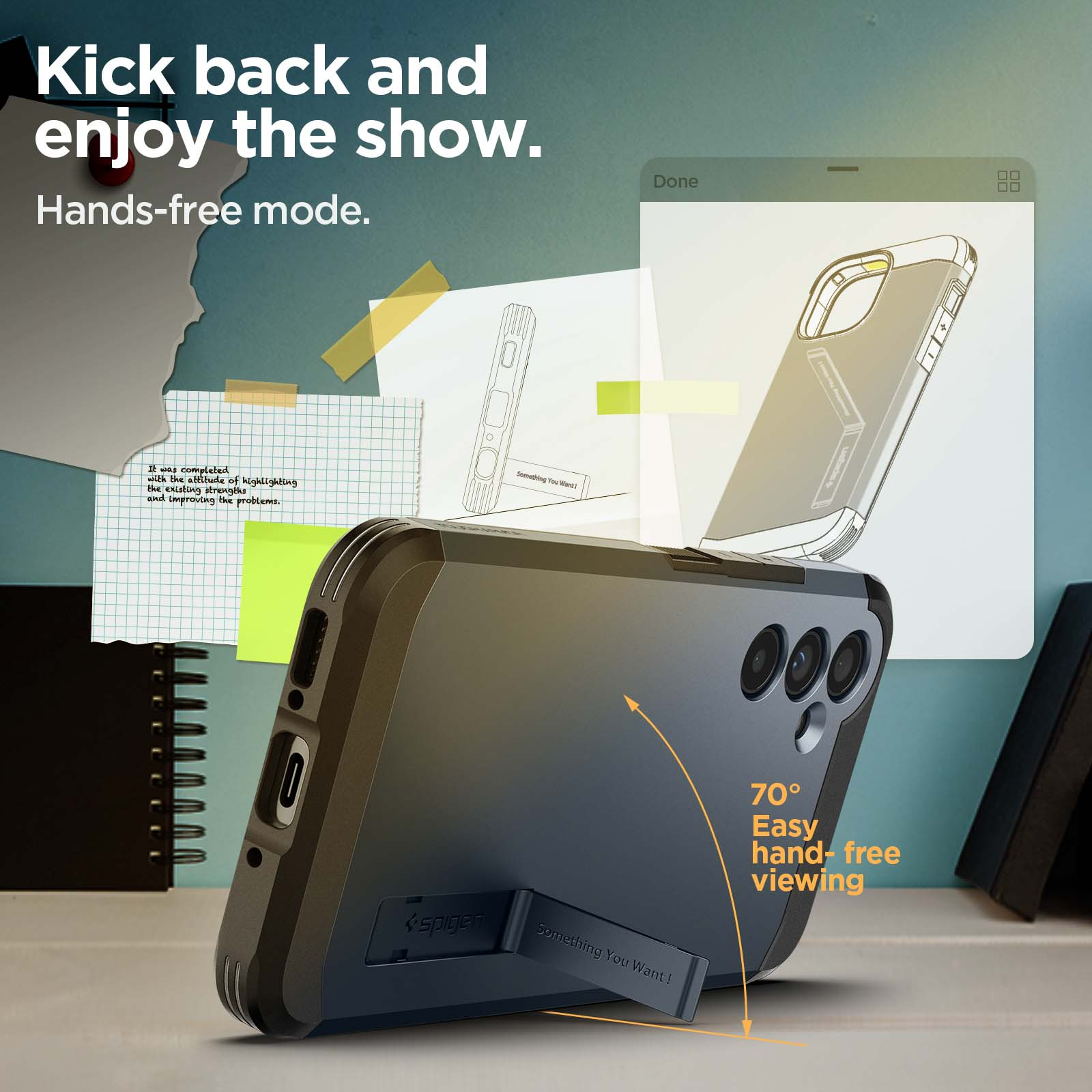 Telefono in una custodia con supporto. L'immagine è di un telefono appoggiato con un supporto. Il testo promuove la visualizzazione a mani libere.