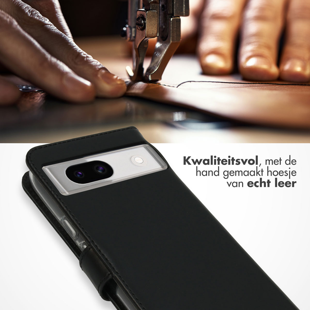 Hände nähen Leder für eine Handyhülle. Eine schwarze Lederhülle mit klarer Abdeckung.