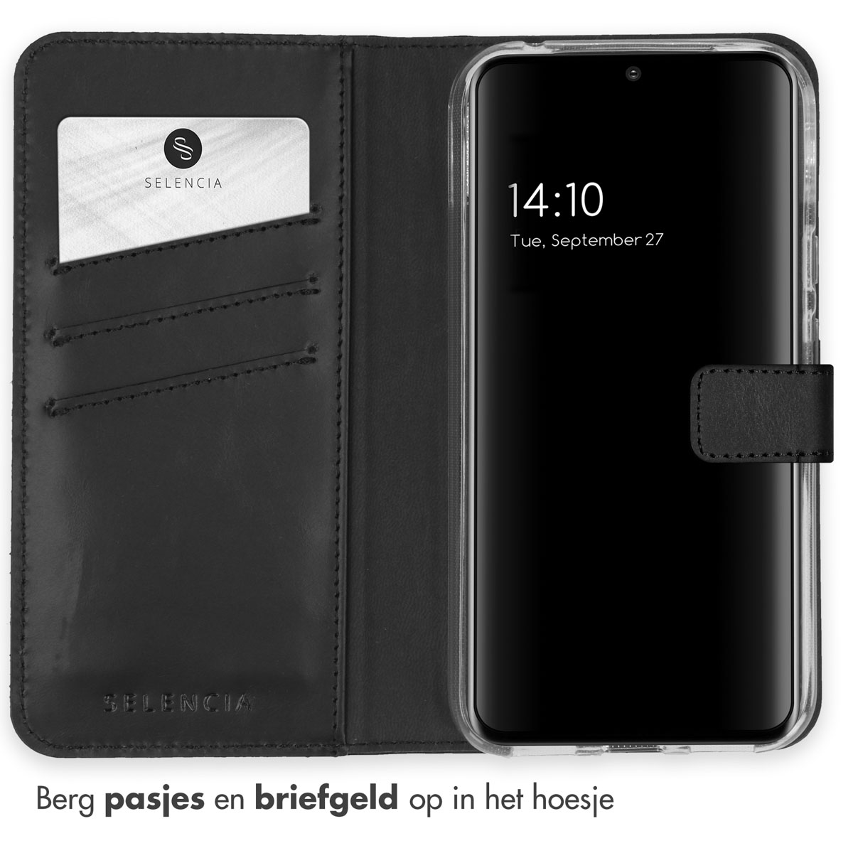 Zwarte leren telefoonhoes, open. Telefoonscherm toont tijd. Binnenin kaartsleuven en witte kaart zichtbaar.