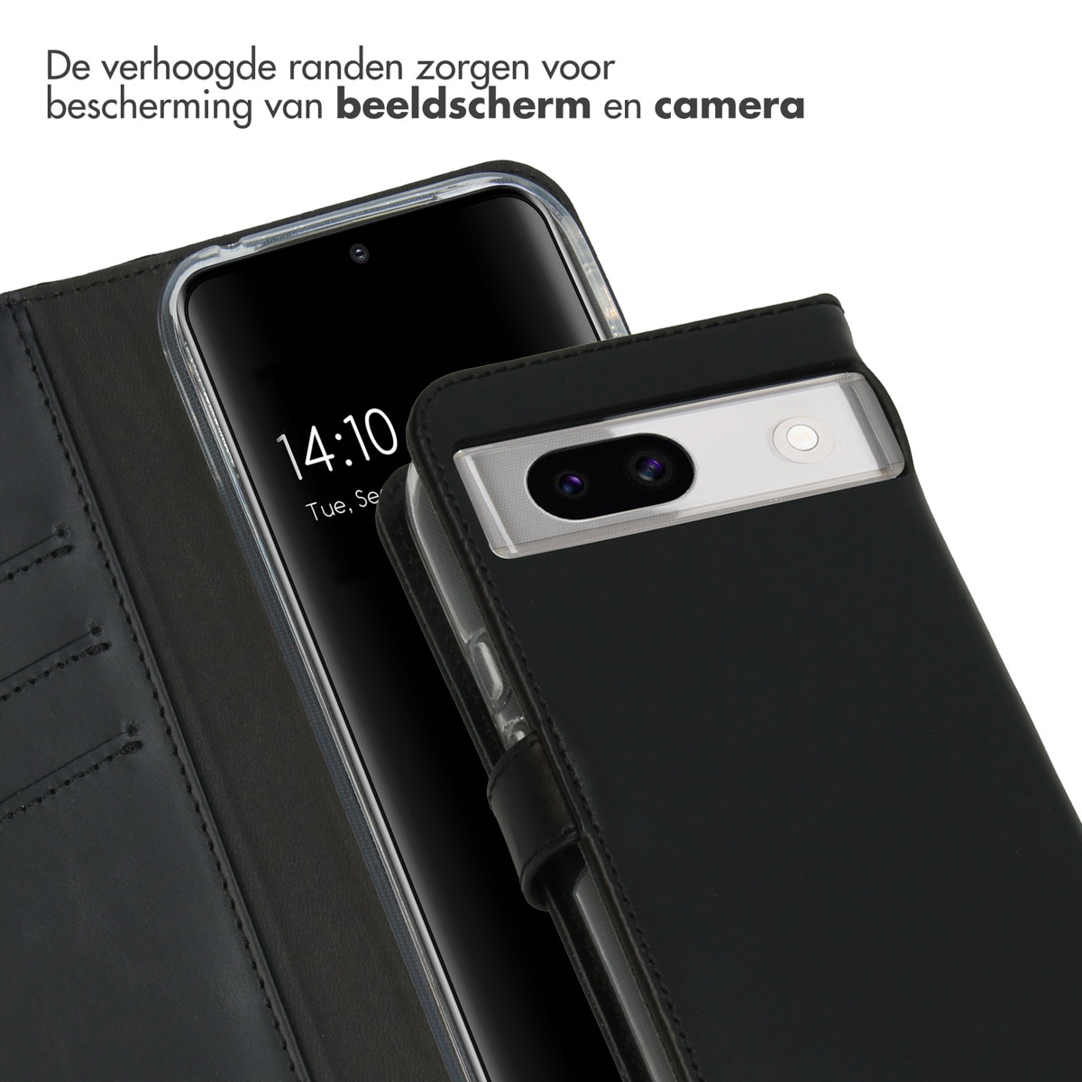 Zwarte telefoonhoes met de telefoon erin, met het scherm en de camera. Tekst zegt scherm- en camerabescherming.