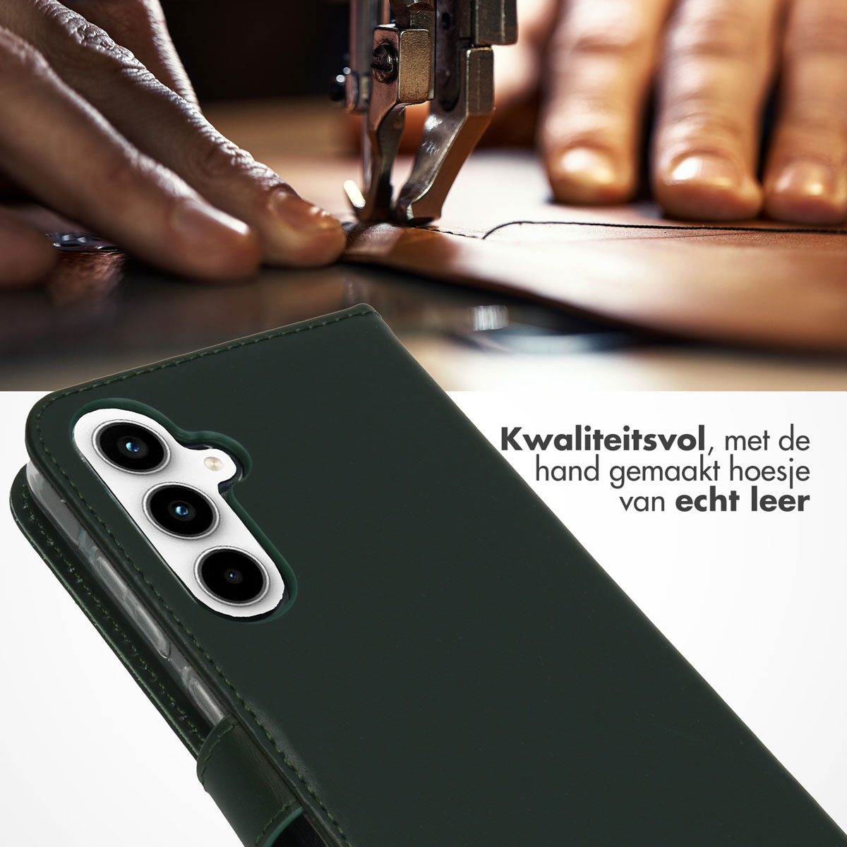 Mani che cuciono la pelle per una custodia del telefono. Custodia in pelle verde con coperchio trasparente.