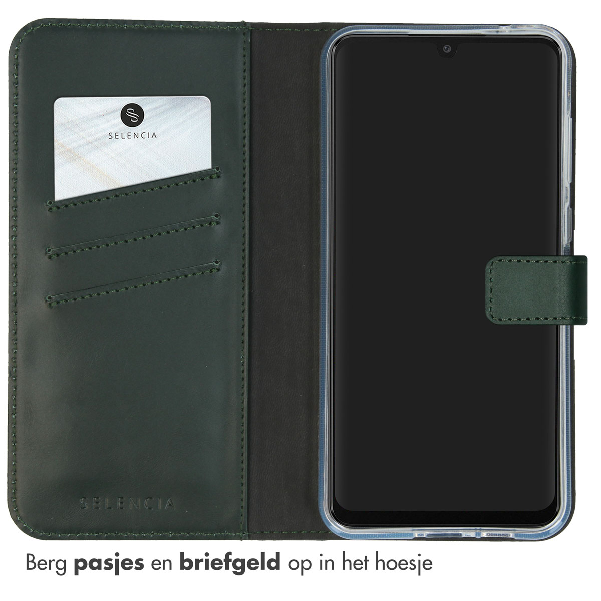 Étui de téléphone vert ouvert, avec fente pour carte et carte. Téléphone à droite.